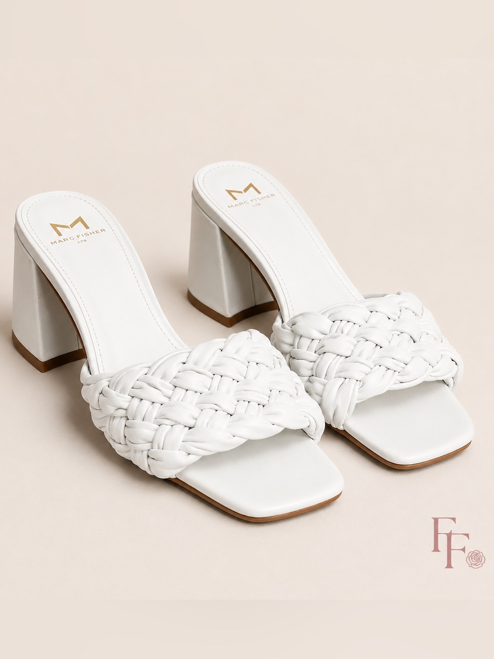 Marc Fisher LTD White Braided Leather Block Heel Mule Sandals Size 6M